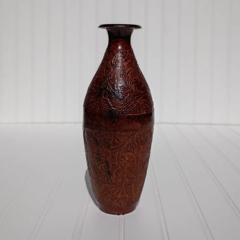 Vtg Cast Bronze Vase Grape & Vine Embossed Bottle Mid-Century Verdigris 9.75